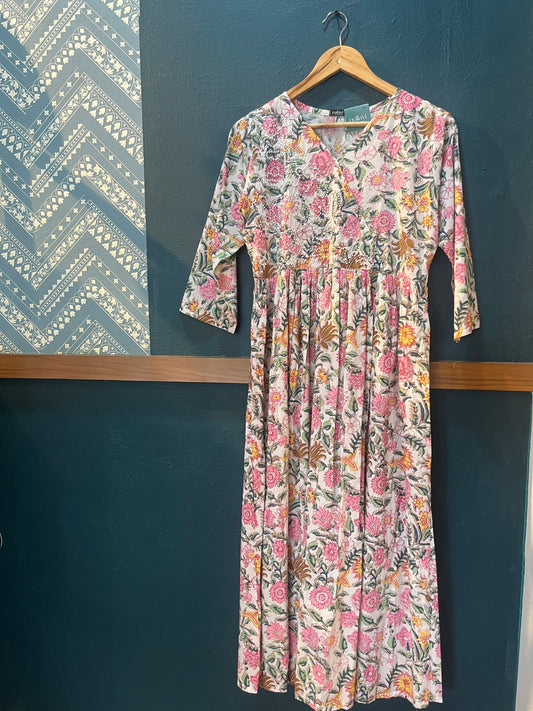 Pleated Angrakha dress PRE-ORDER - Floral white
