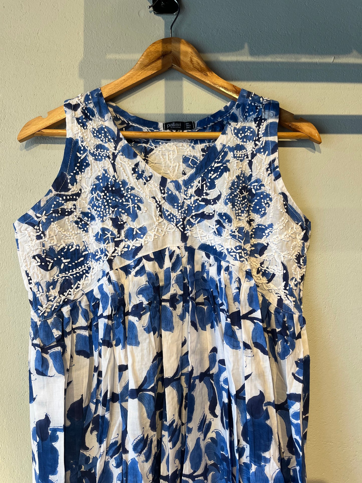 Sleeveless Aliya cut dress (with work on front and back) - Floral Blue