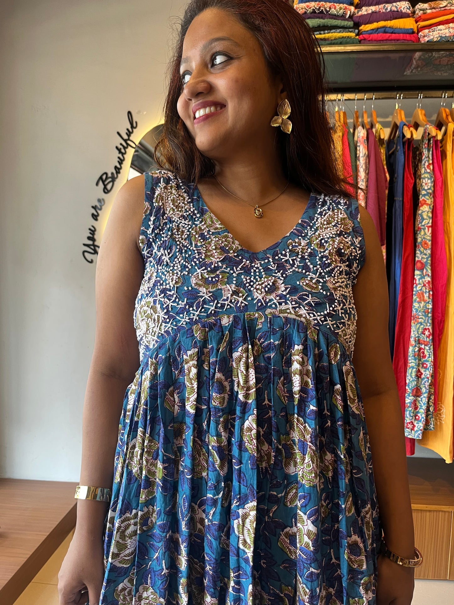 Sleeveless Aliya cut dress (with work on front and back) PRE-ORDER - Floral Blue green