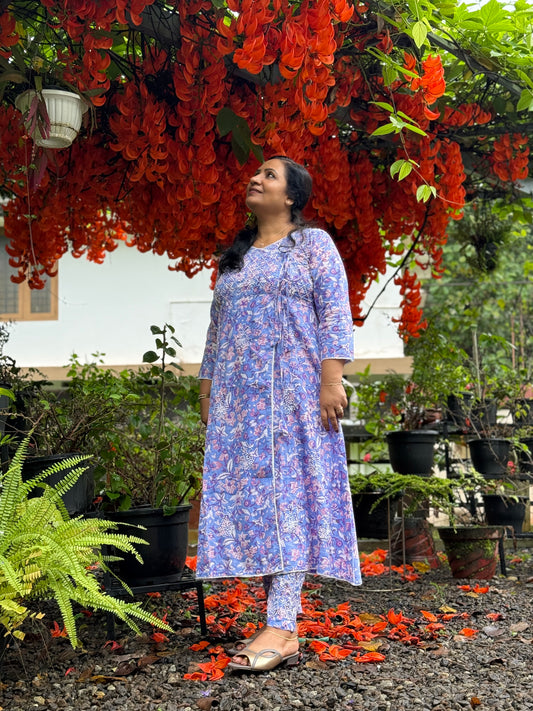 Angrakha Kurti and pant PRE-ORDER - Floral Periwinkle