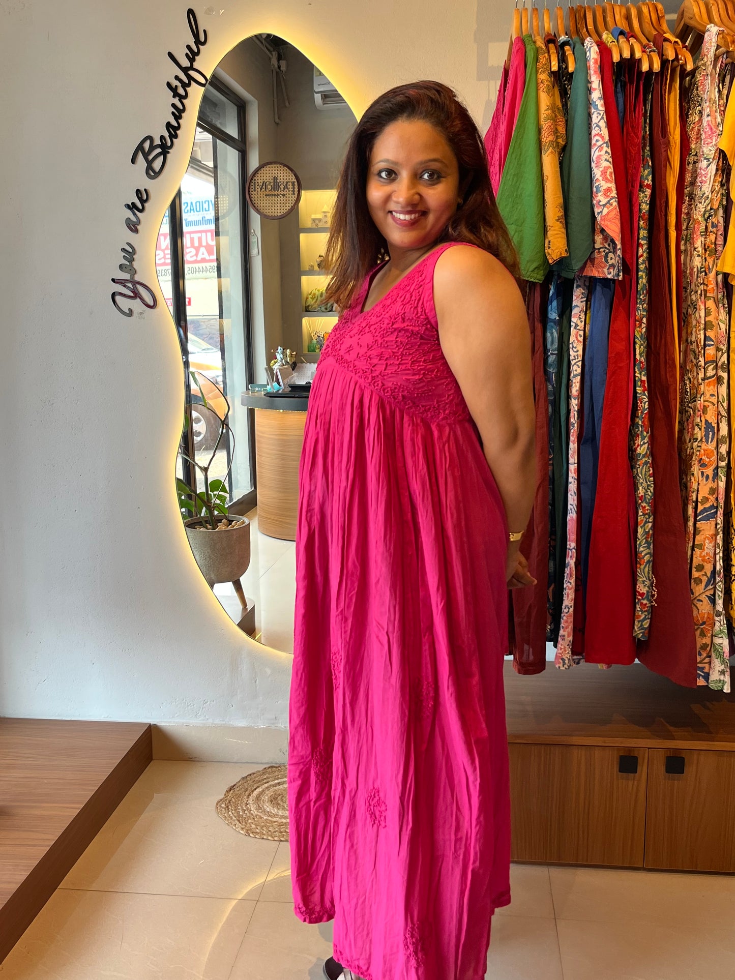 Sleeveless Aliya cut dress - Hot Pink (with work on front and back)