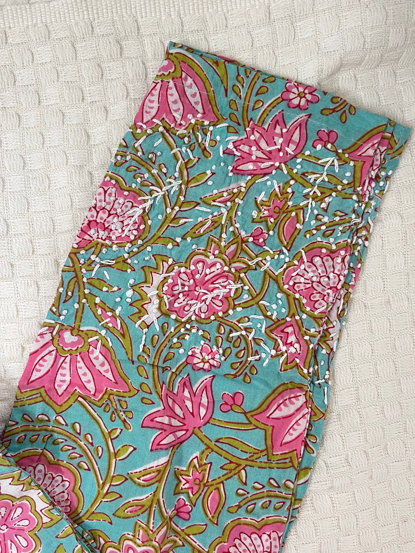 Straight Kurti and pant (Sleeveless) - Floral Teal Pink