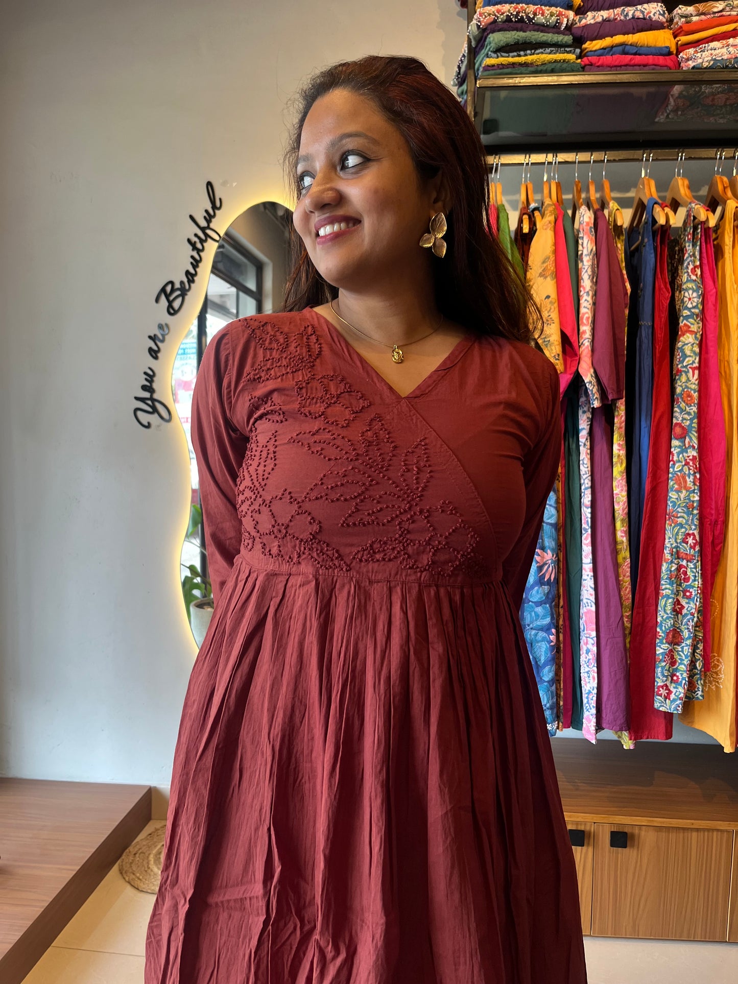 Pleated Angrakha dress - Cinnamon Brown
