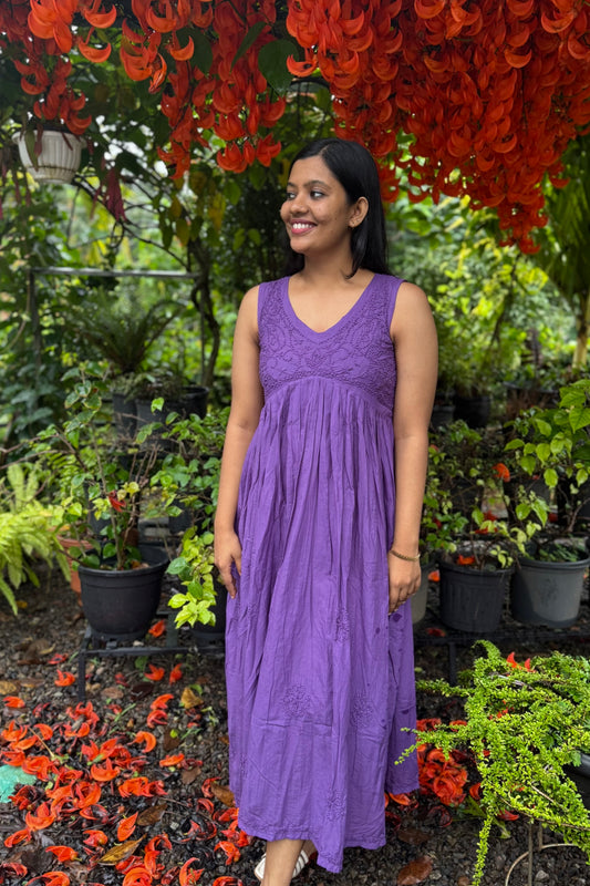 Aliya Cut Sleeveless Dress -Dark Lavender (with work on front and back)