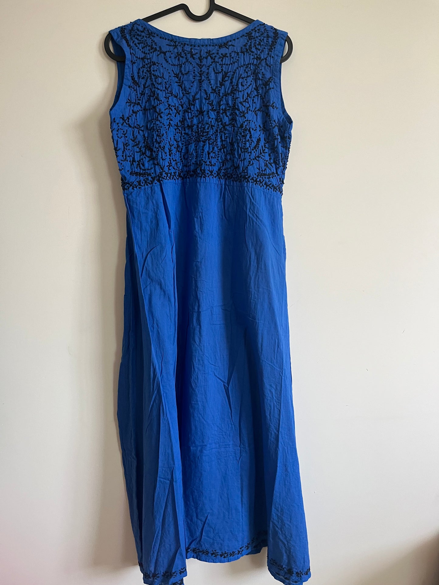 Sleeveless Aliya cut dress PRE-ORDER - Black knots on Royal Blue (with work on front and back)