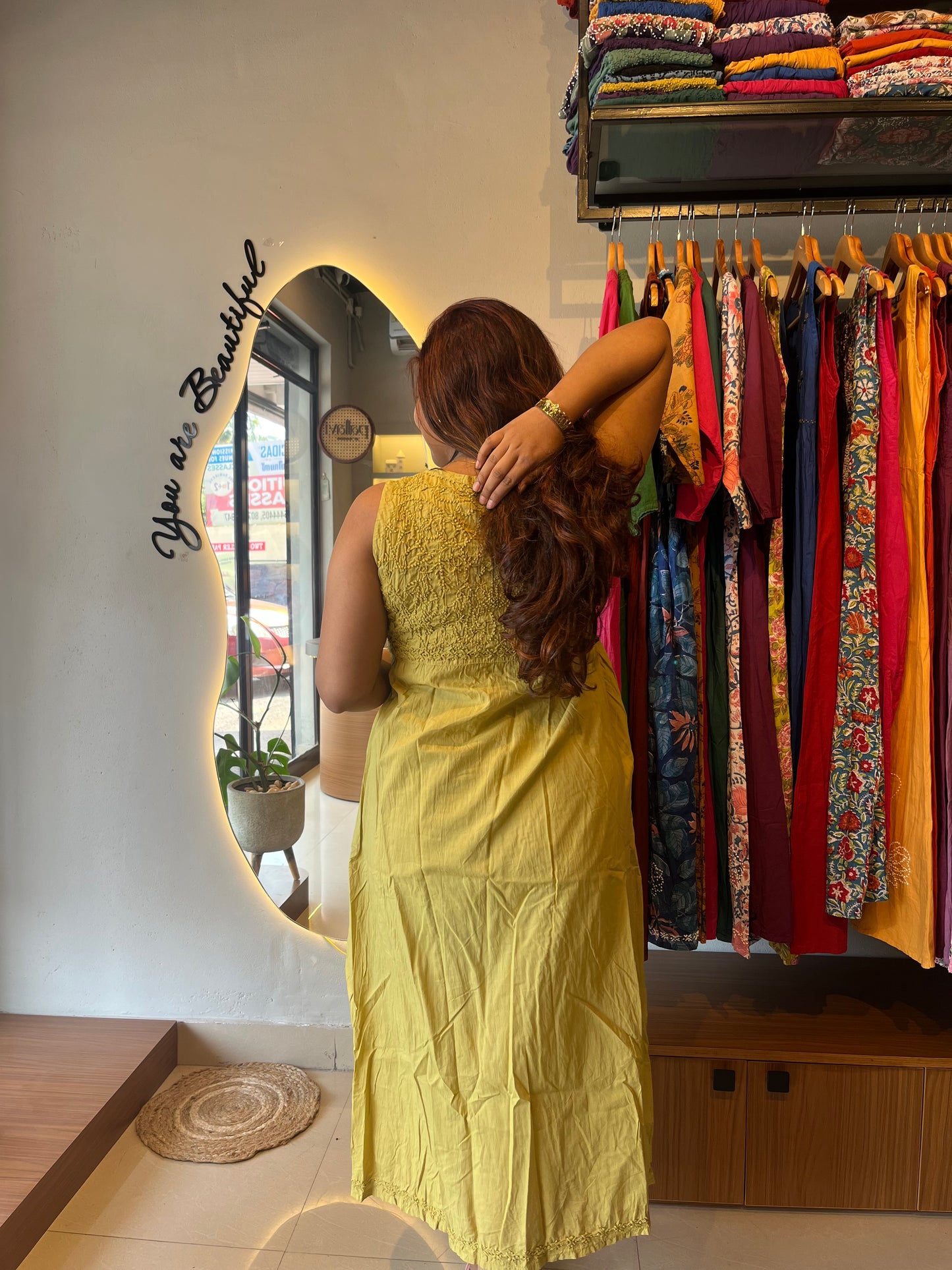 Sleeveless Aliya cut dress - Lime Yellow (with work on front and back)