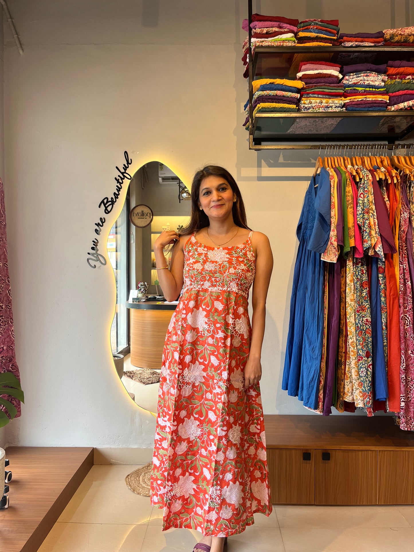 Sleeveless A-line Dress - Floral Orange