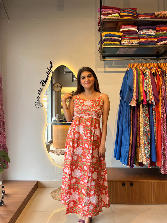 Sleeveless A-line Dress - Floral Orange