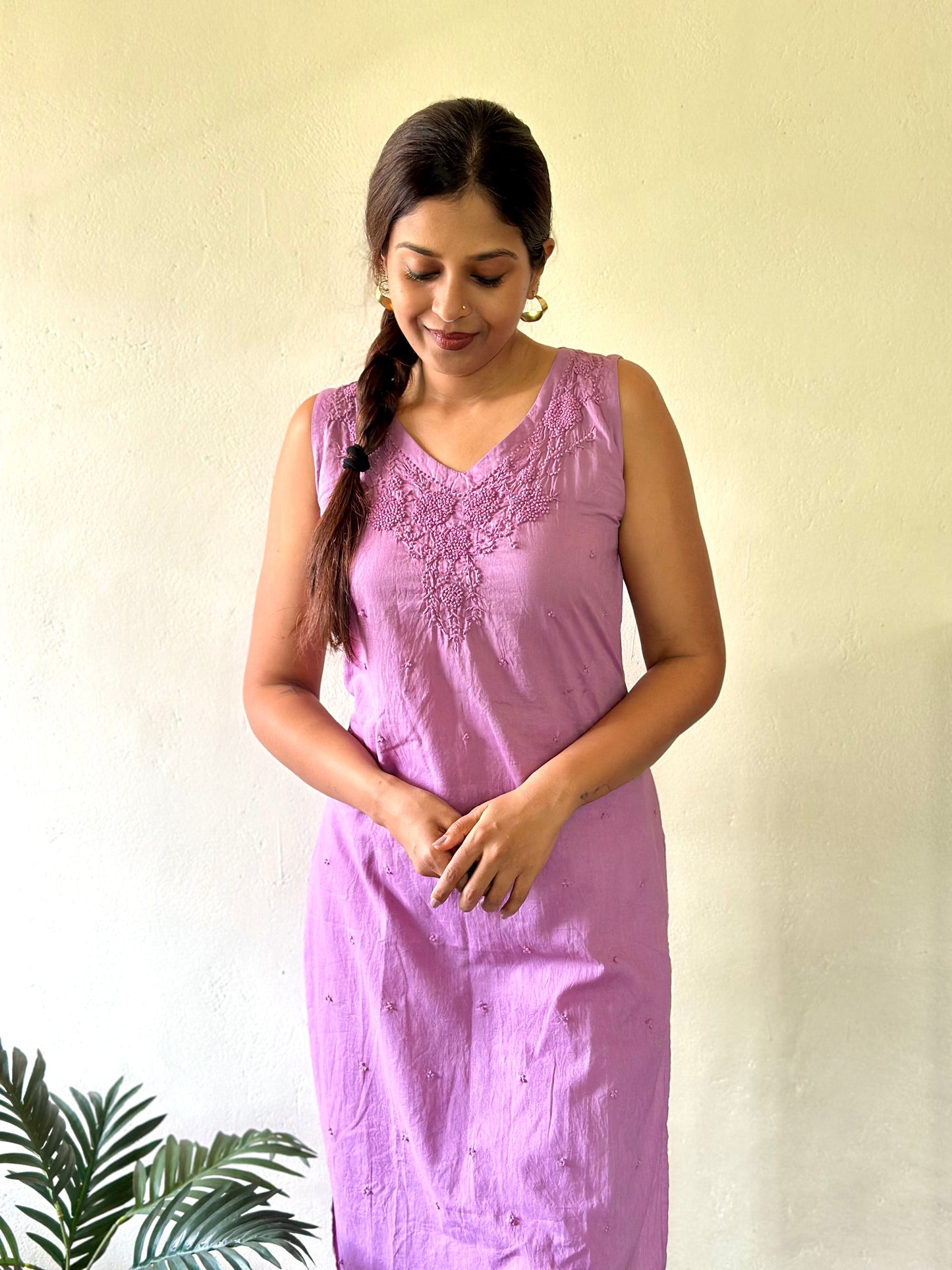 Sleeveless Straight Kurti and pant - Pale lavender