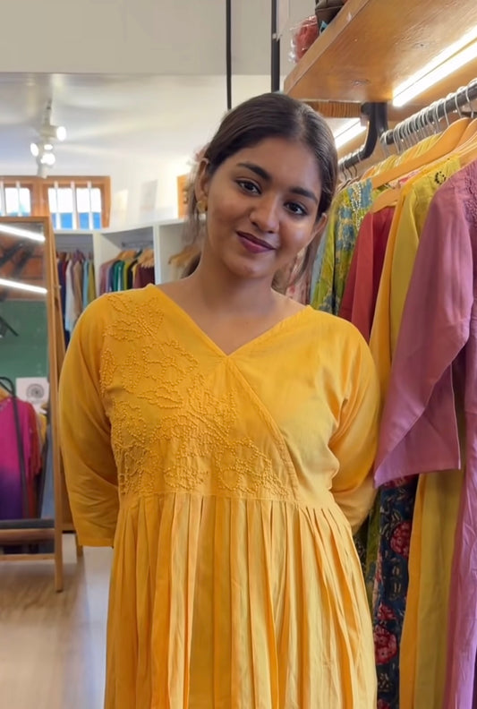 Pleated Angrakha dress PRE-ORDER - Mustard Yellow