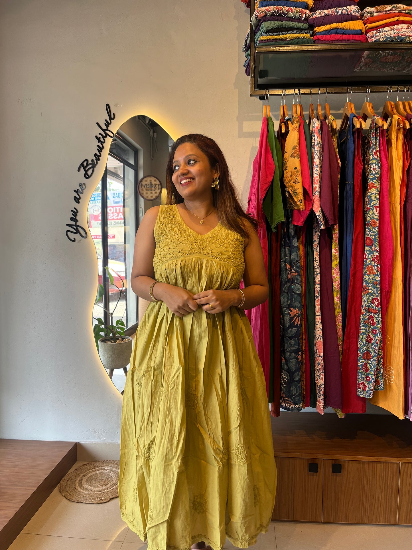 Sleeveless Aliya cut dress - Lime Yellow (with work on front and back)