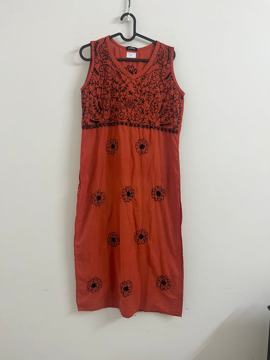 Sleeveless Straight Kurti and Pant (co-ord set) - Black knote on Dark Rust Orange