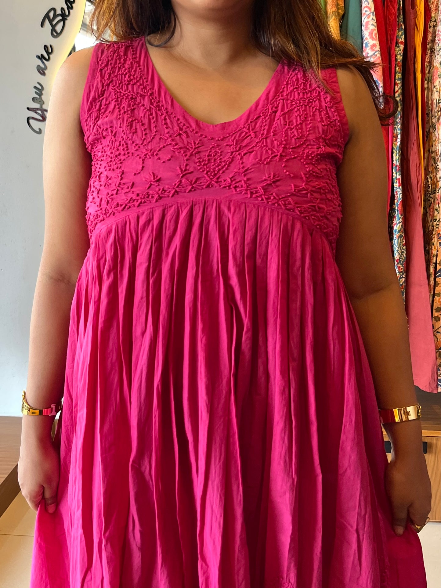Sleeveless Aliya cut dress - Hot Pink (with work on front and back)