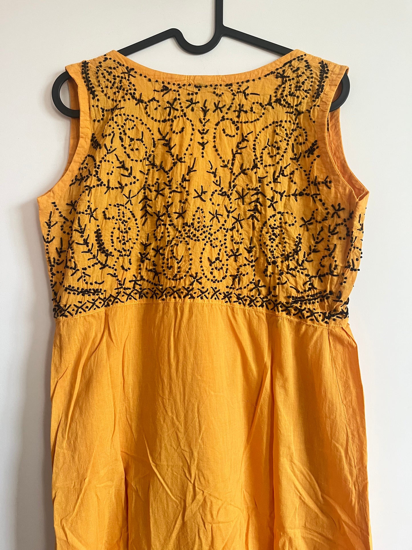 Sleeveless Aliya cut dress (with work on front and back)- Black knots on Mustard Yellow