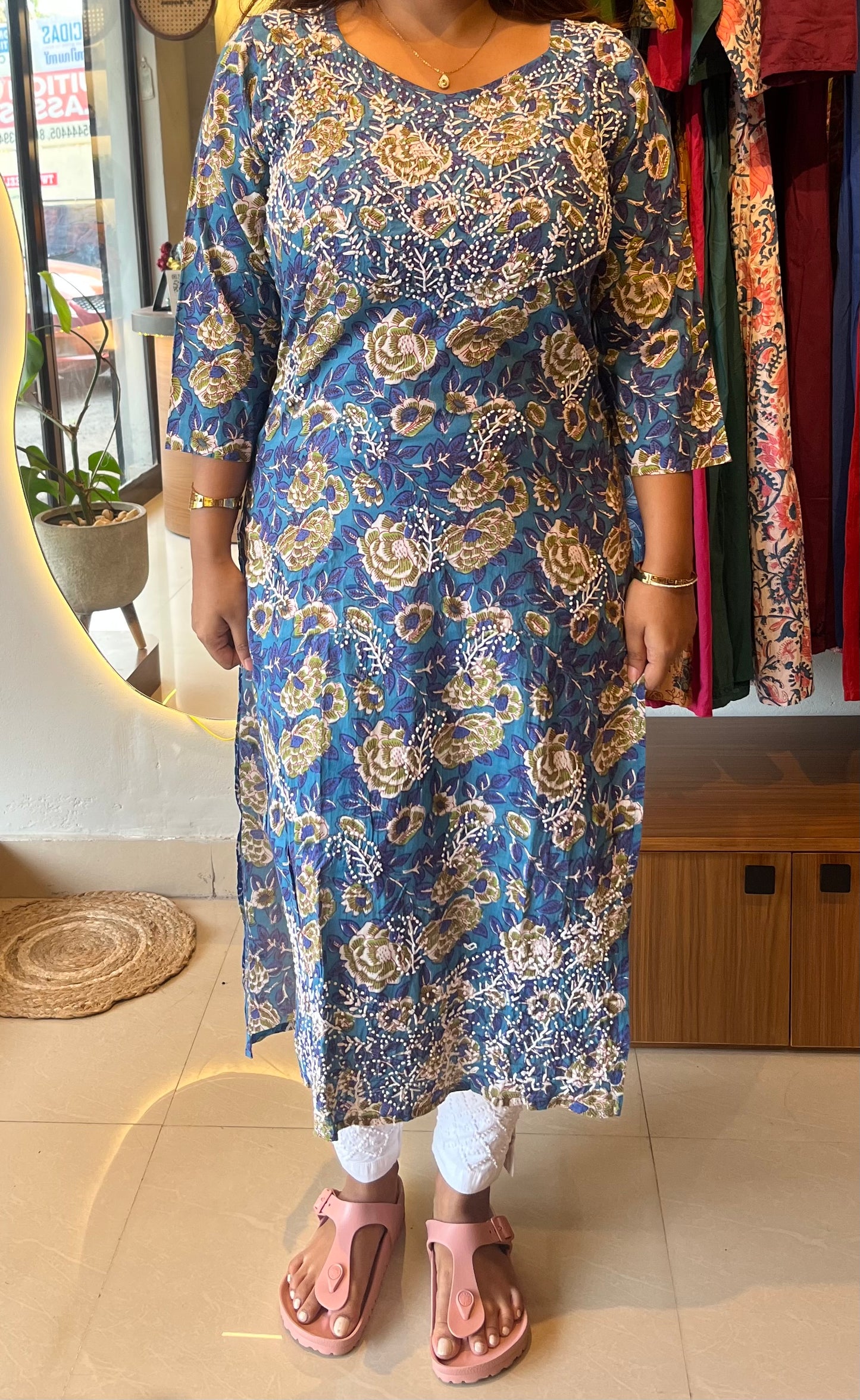 Straight Kurti PRE-ORDER - Floral Blue Green