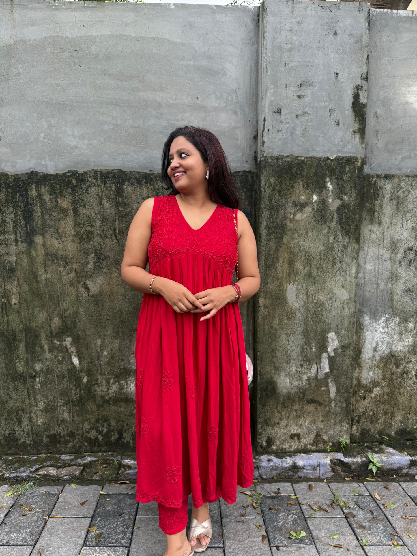 Sleeveless Aliya cut dress (with work on front and back) and pant PRE-ORDER - Red