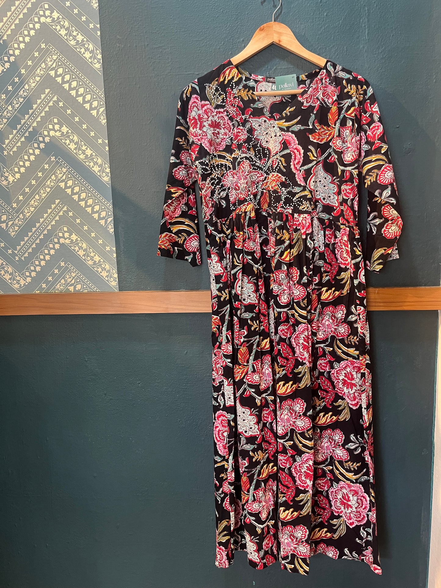 Pleated Angrakha dress PRE-ORDER - Floral black