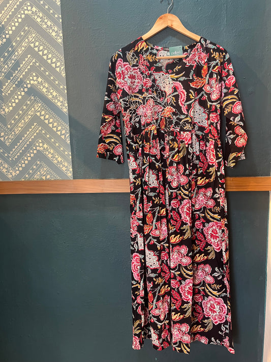 Pleated Angrakha dress PRE-ORDER - Floral black