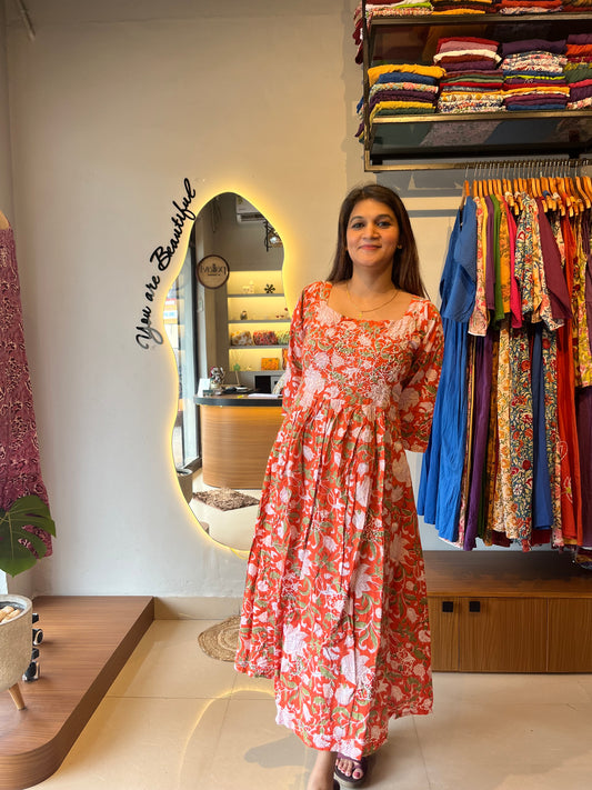 Pleated Dress - Floral Orange