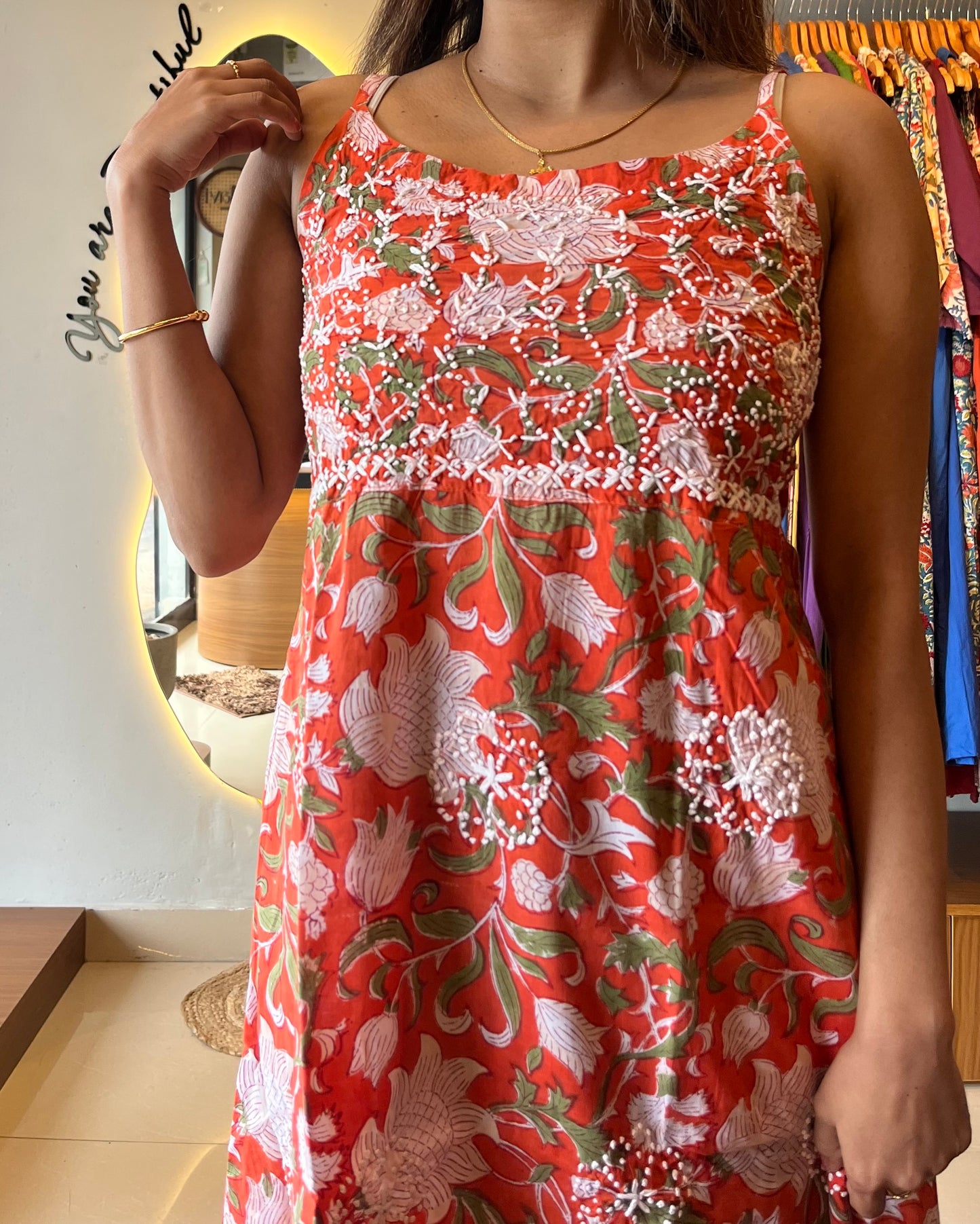 Sleeveless A-line Dress - Floral Orange