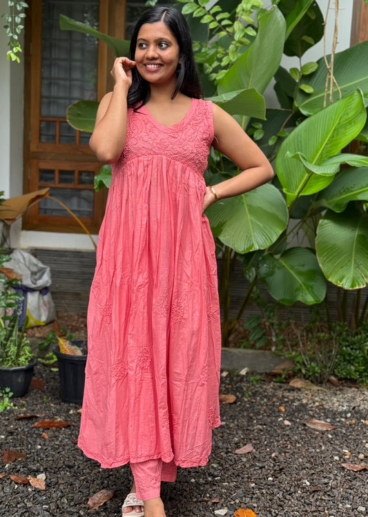 Sleeveless Aliya cut dress -Neon Peach (with work on front and back)