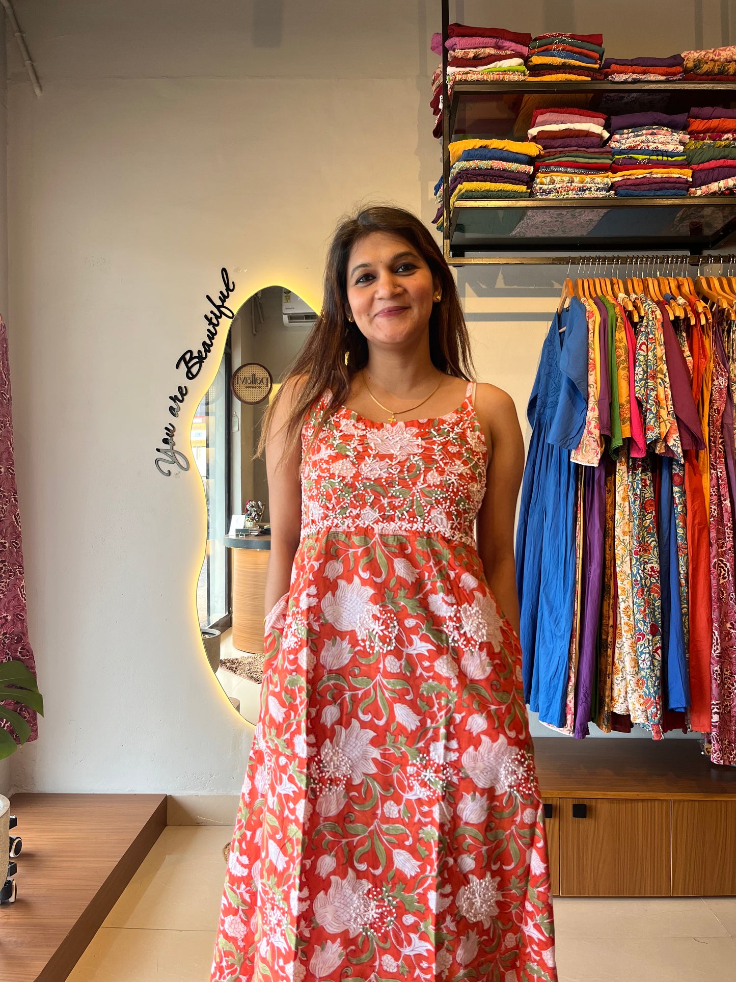 Sleeveless A-line Dress - Floral Orange
