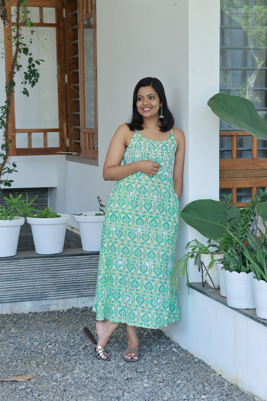 Sleeveless A-line Dress - Floral Green Block