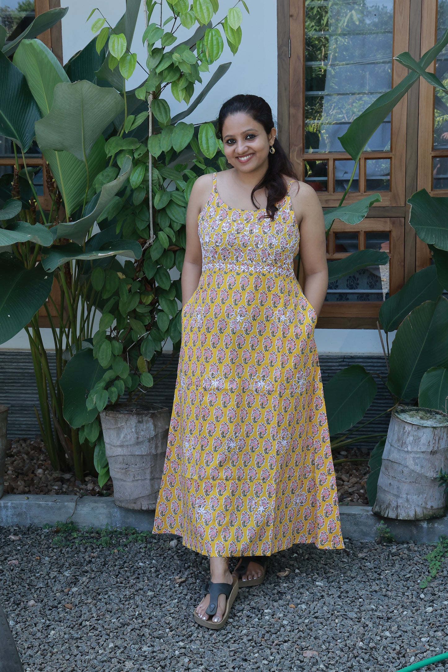 Sleeveless A-line Dress - Yellow Block