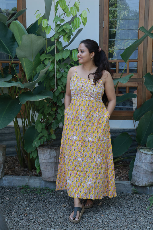 Sleeveless A-line Dress - Yellow Block