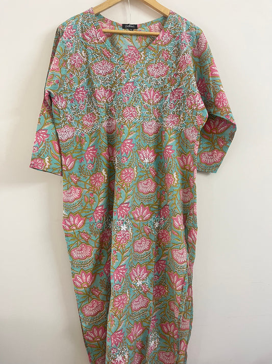 Straight Kurti - Floral Teal Pink