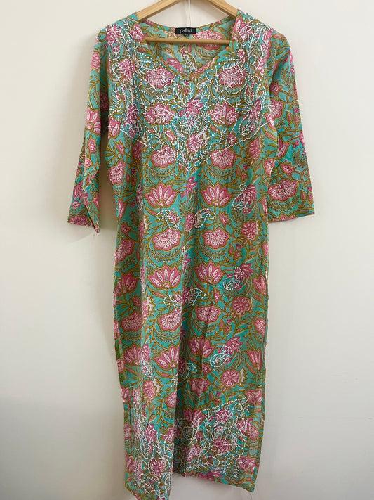 Straight Kurti and pant- Floral Teal Pink