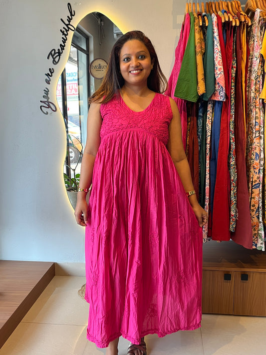 Sleeveless Aliya cut dress - Hot Pink (with work on front and back)