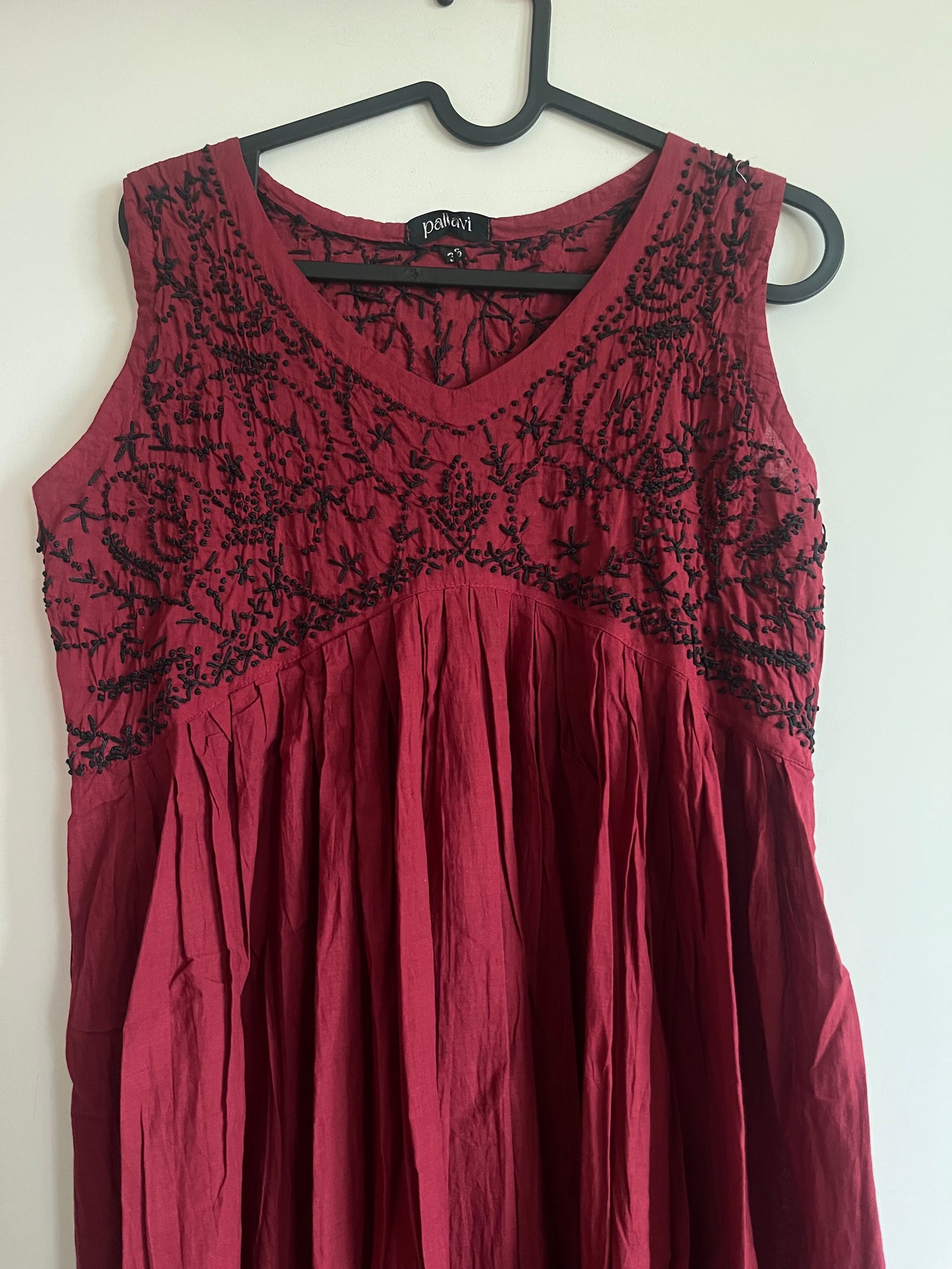 Sleeveless Aliya cut dress (with work on front and back)- Black knots on Maroon