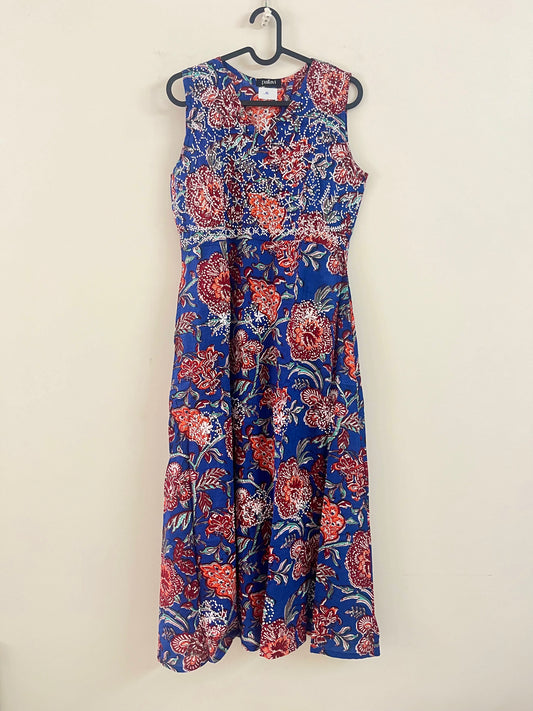 Sleeveless A-line Dress - Floral Blue Red