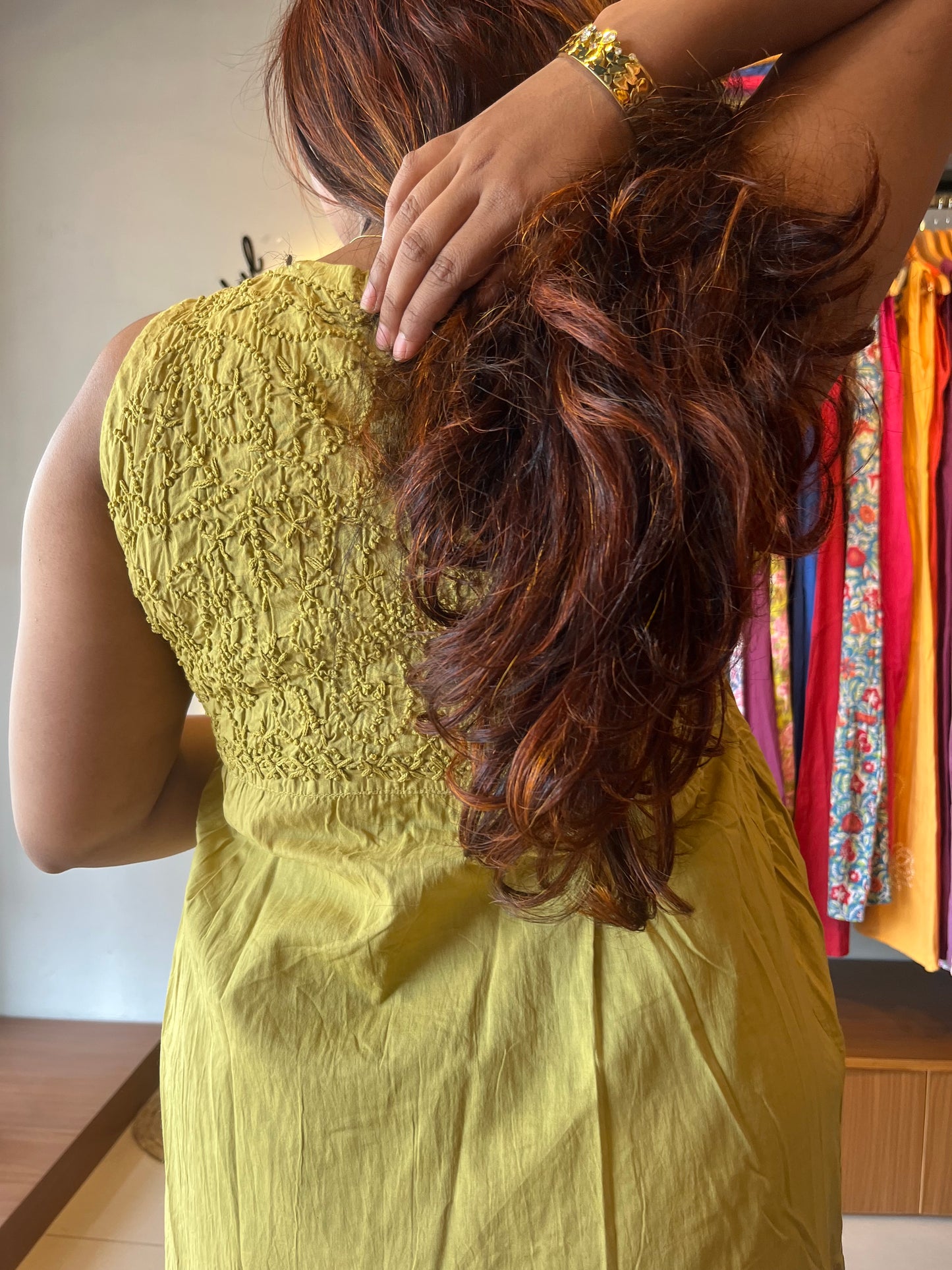 Sleeveless Aliya cut dress - Lime Yellow (with work on front and back)