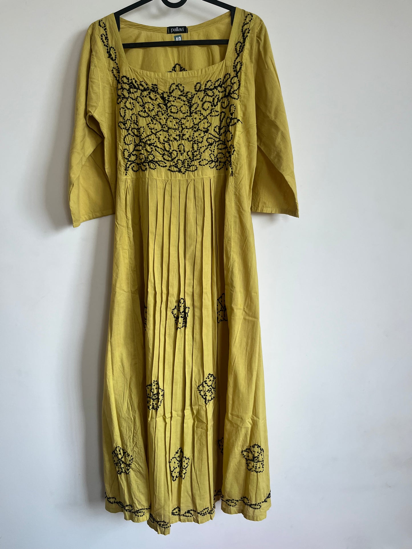 Pleated dress -Black knots on Lime Yellow