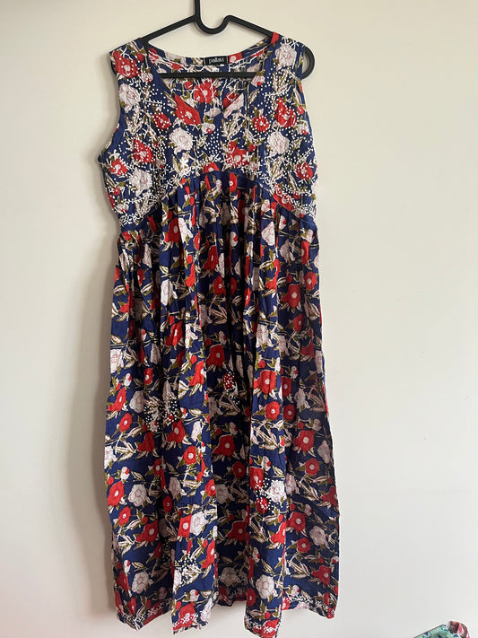 Sleeveless Aliya cut dress (with work on front and back) - Floral White Red