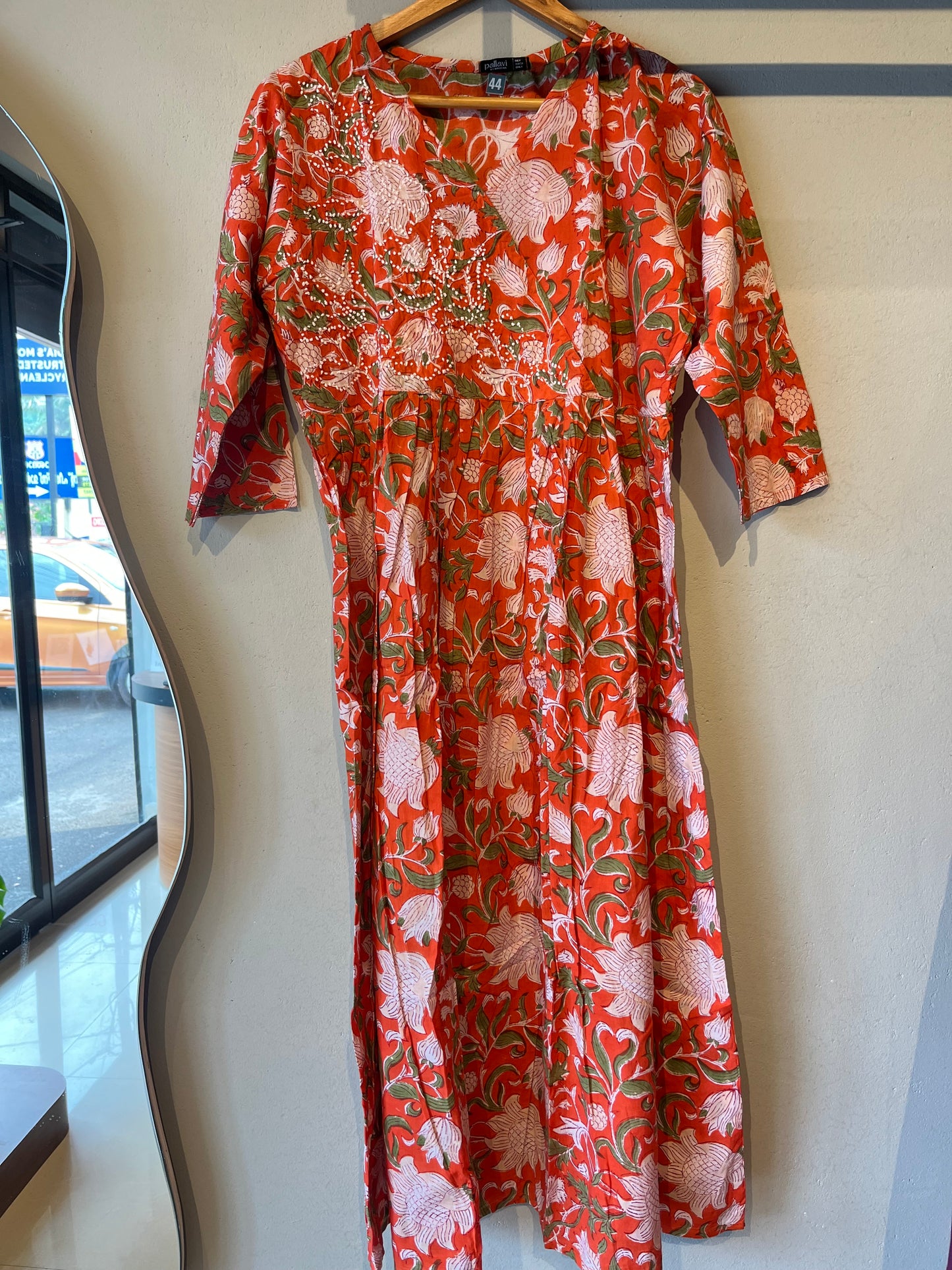 Pleated Angrakha dress - Floral Orange
