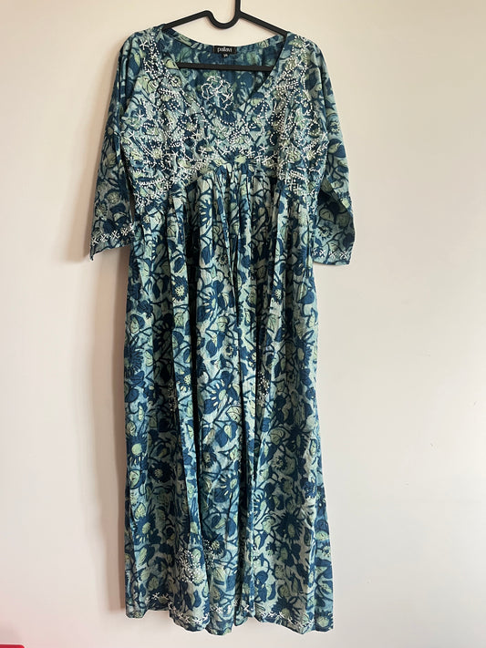 Aliya Cut Dress - Ajrakh Blue Green