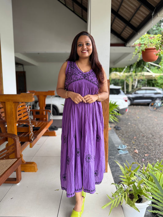 Sleeveless Aliya cut dress -Black knots on Dark Lavender (with work on front and back)