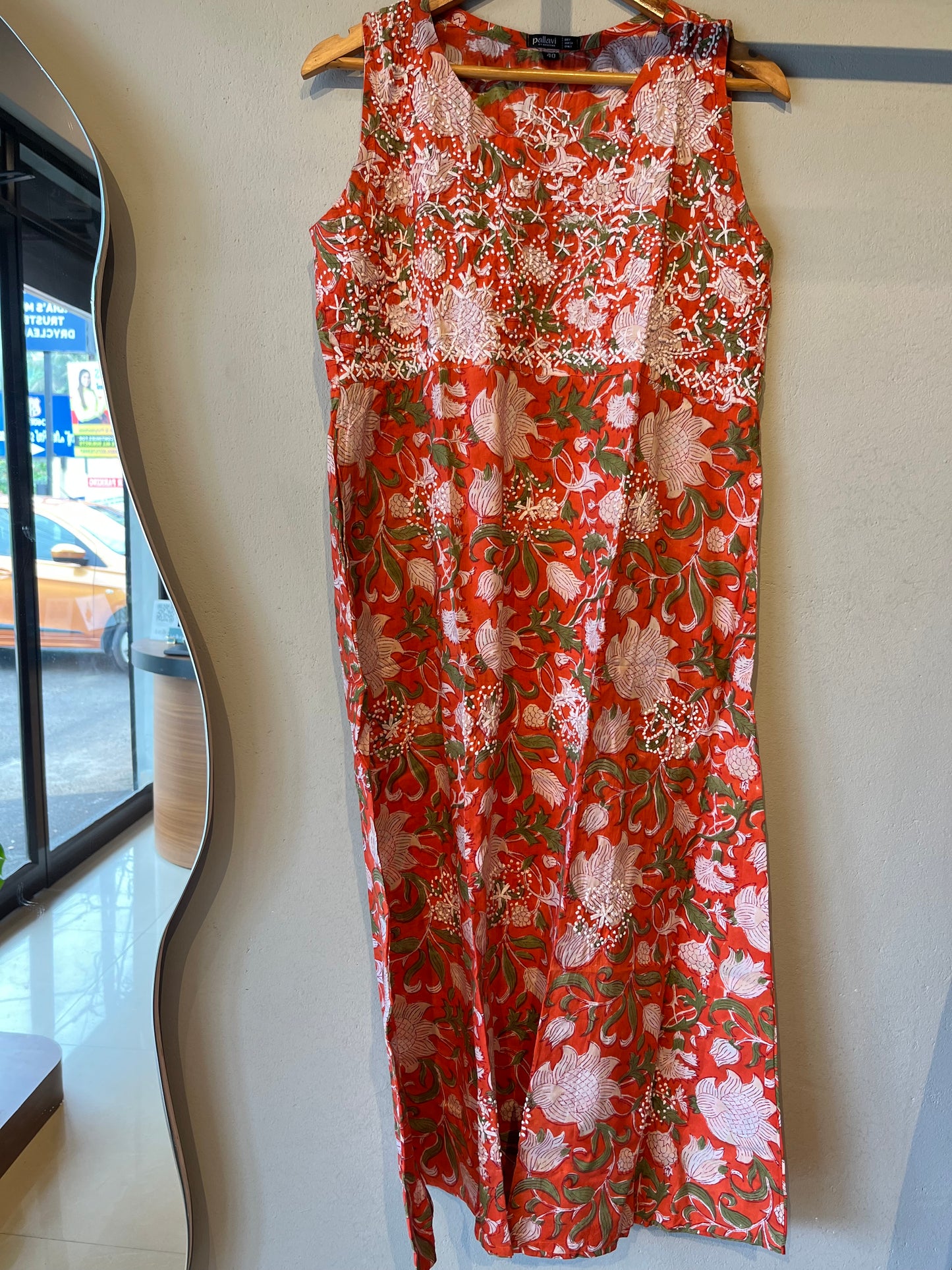 Sleeveless A-line Dress - Floral Orange