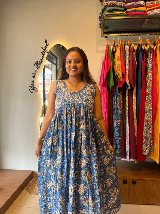 Sleeveless Aliya cut dress (with work on front and back) PRE-ORDER - Floral Blue green