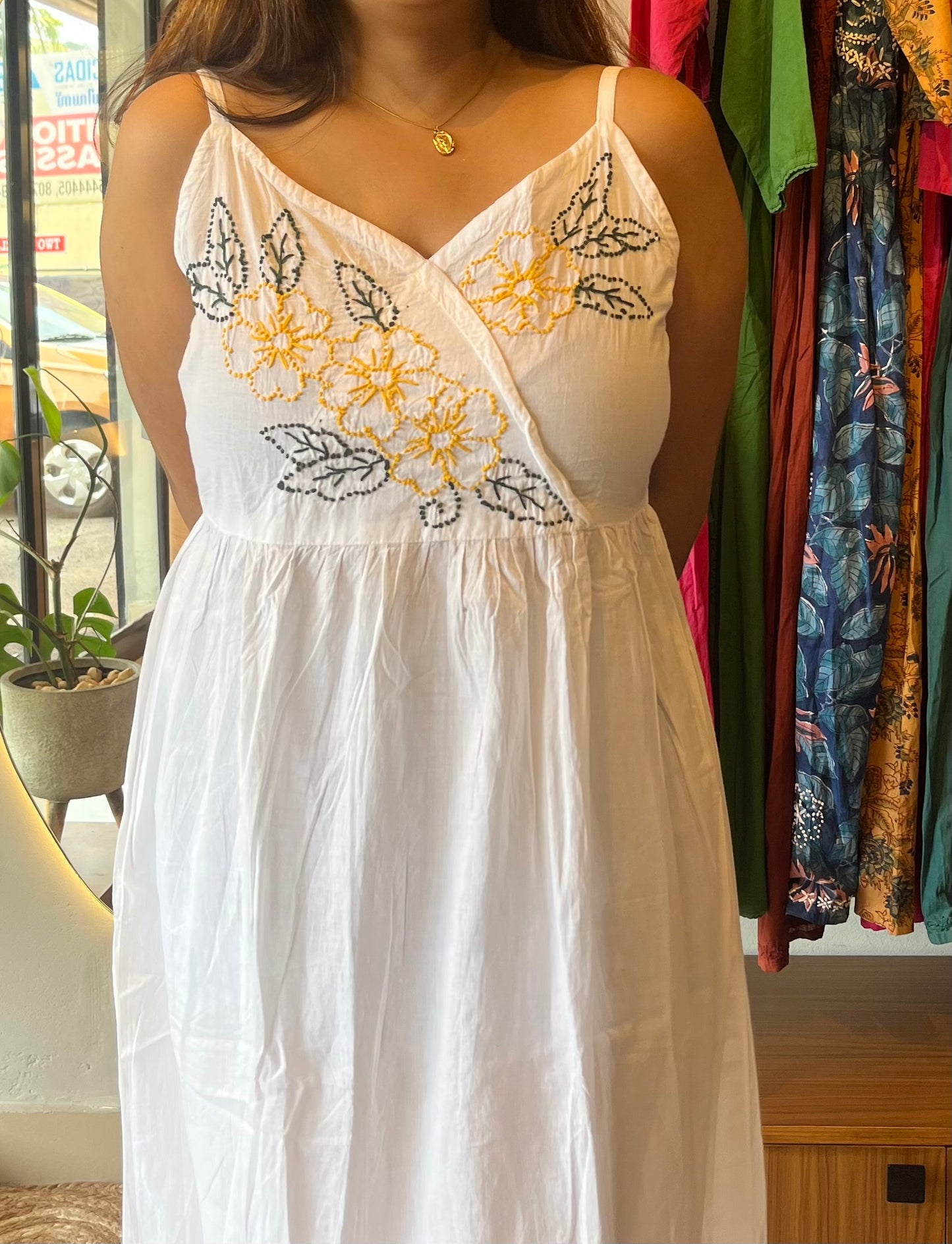 Garden whispers Dress - White with colorful thread