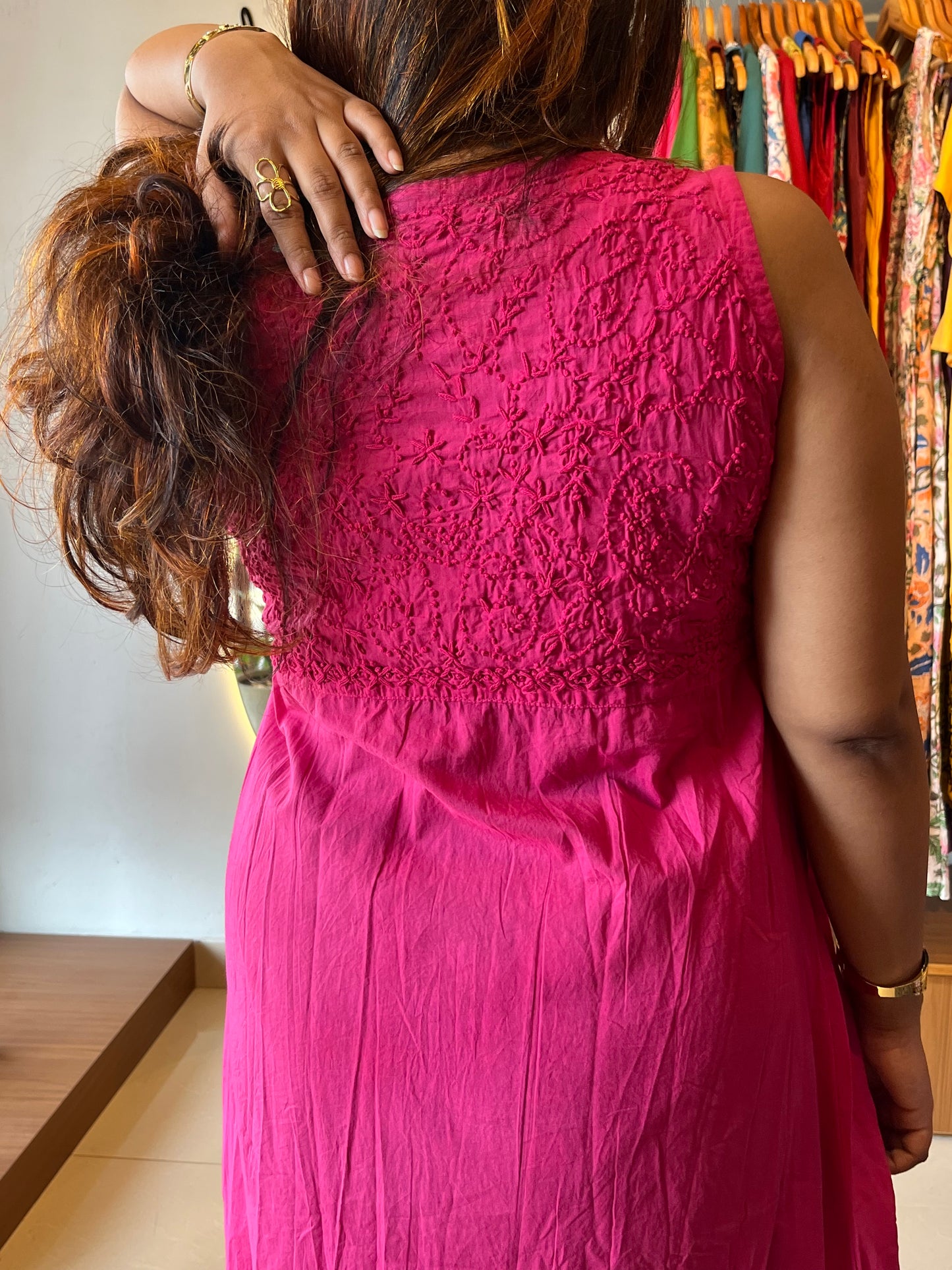 Sleeveless Aliya cut dress - Hot Pink (with work on front and back)