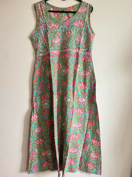 Sleeveless A-line Dress PRE-ORDER - Floral Teal Pink