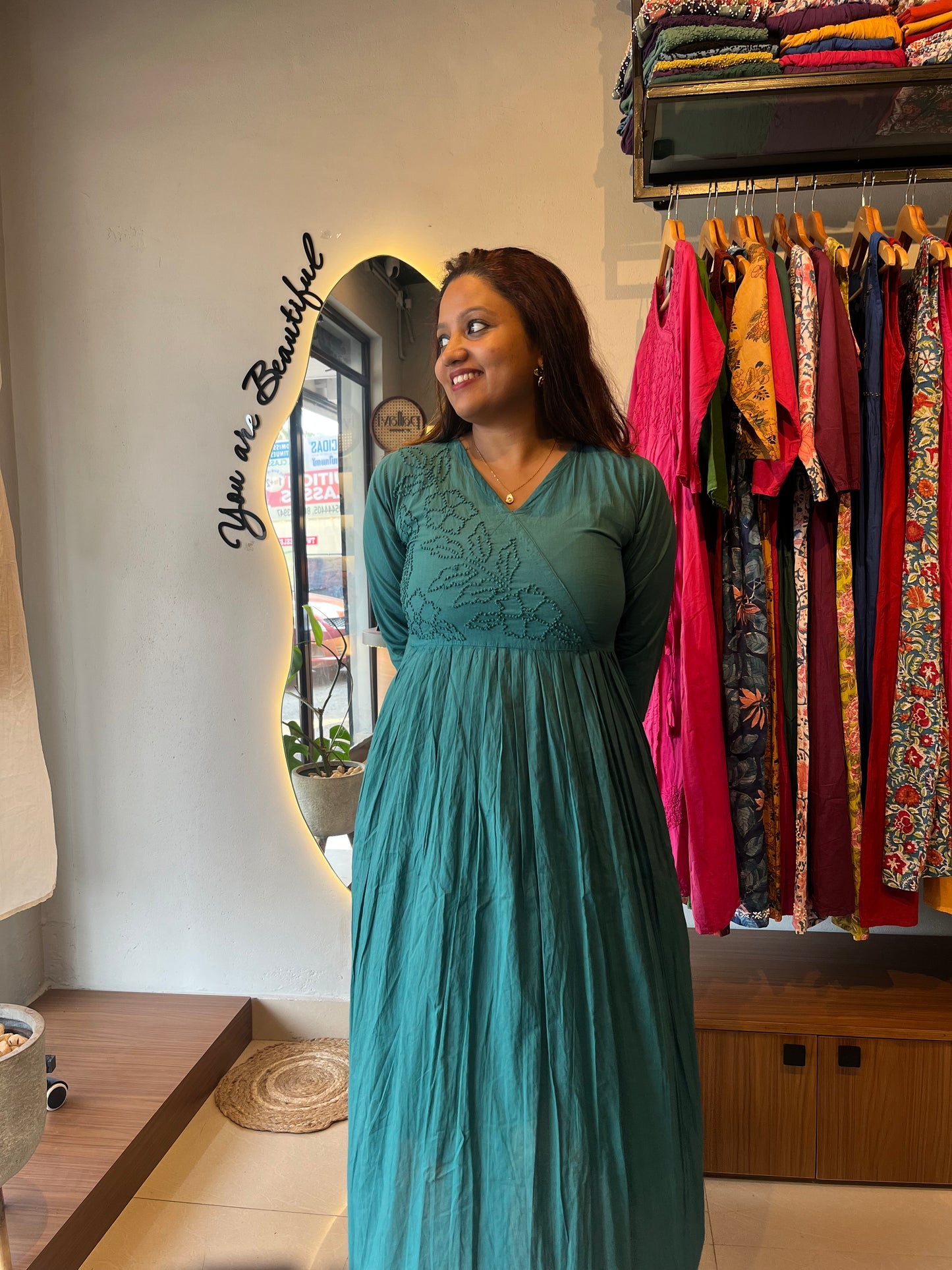 Pleated Angrakha dress - Peacock green
