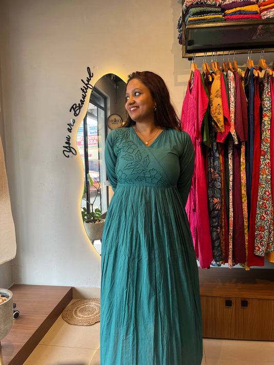 Pleated Angrakha dress - Peacock green