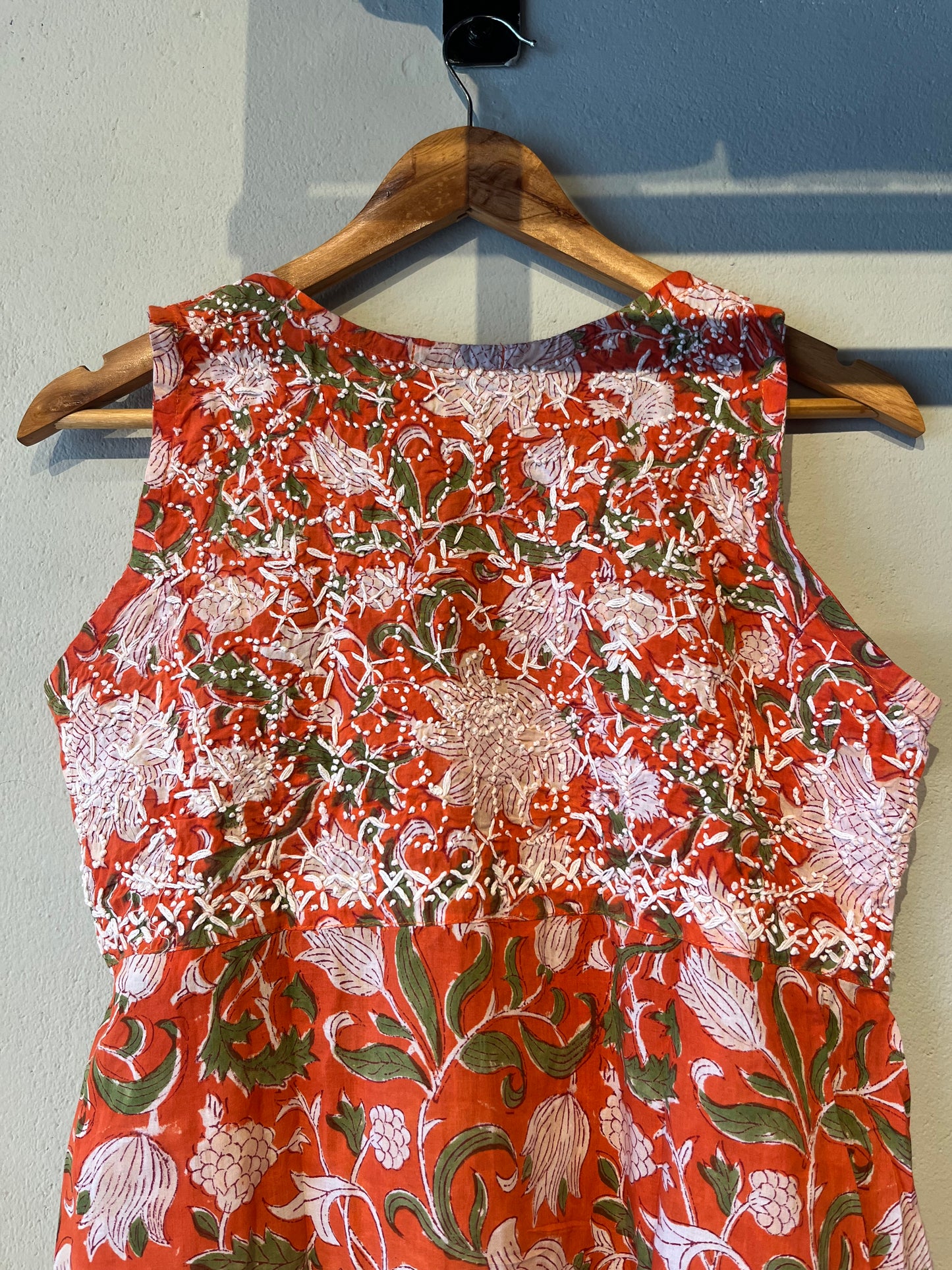 Sleeveless Aliya cut dress (with work on front and back) - Floral Orange