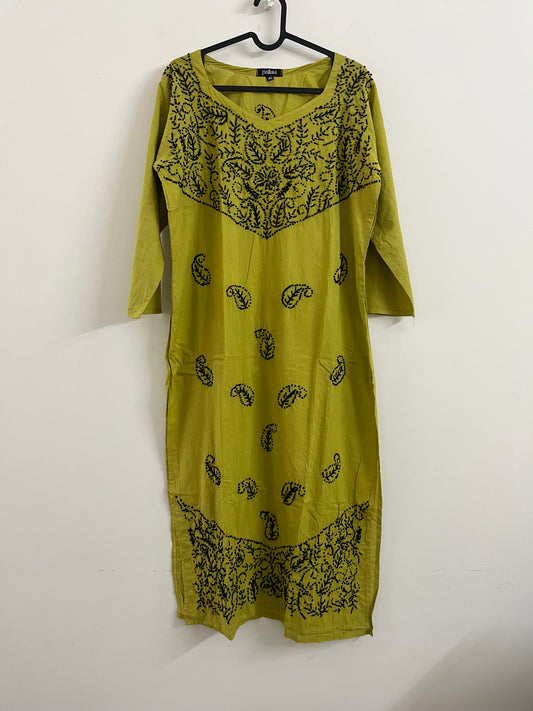 Straight Kurti - Black knots on Lime Yellow