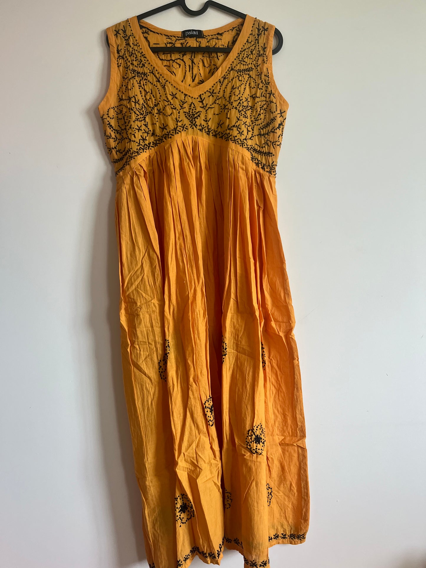Sleeveless Aliya cut dress (with work on front and back)- Black knots on Mustard Yellow